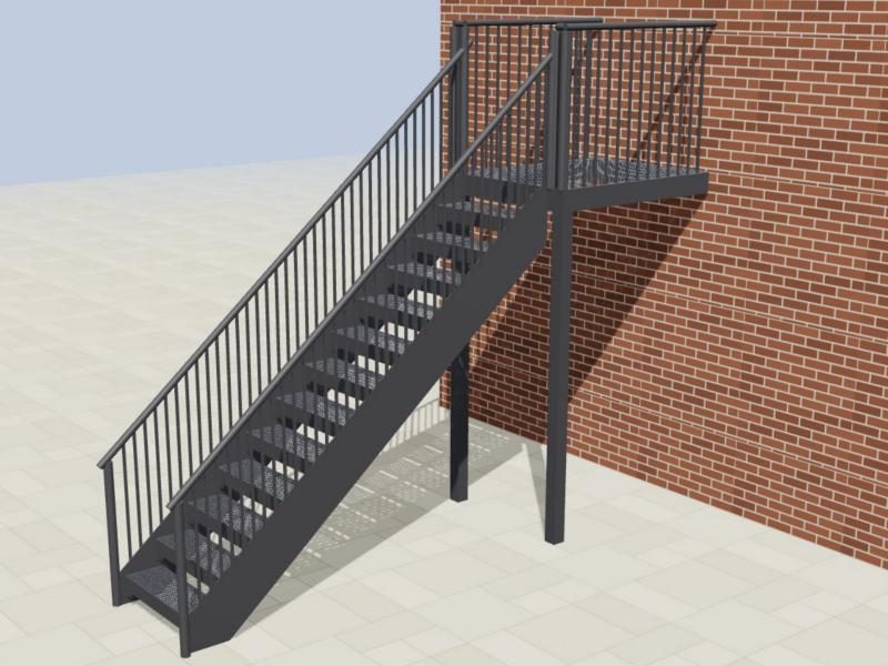 3D configurator render of a black powder-coated external steel staircase with a top landing