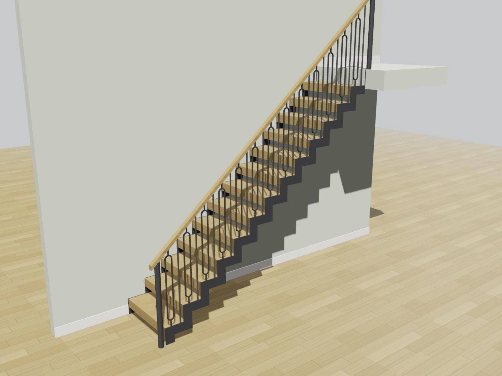 3D configurator render of a zigzag staircase with oak treads and decorative oval-loop spindles