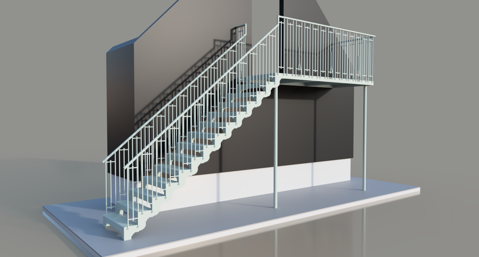 Render of an external steel staircase with decorative balustrade and a landing on steel columns
