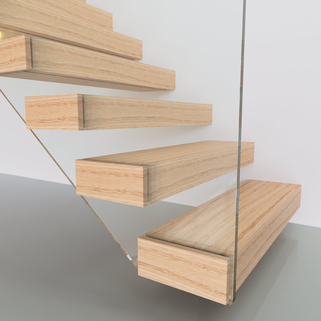Cantilever staircase with floating oak treads and a frameless glass balustrade
