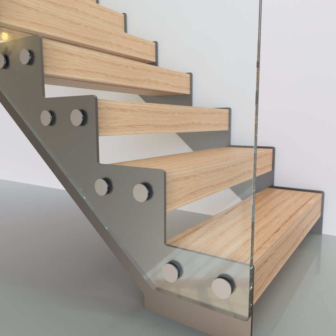 Cut string staircase with steel strings cut to the step profile and glass on stainless buttons