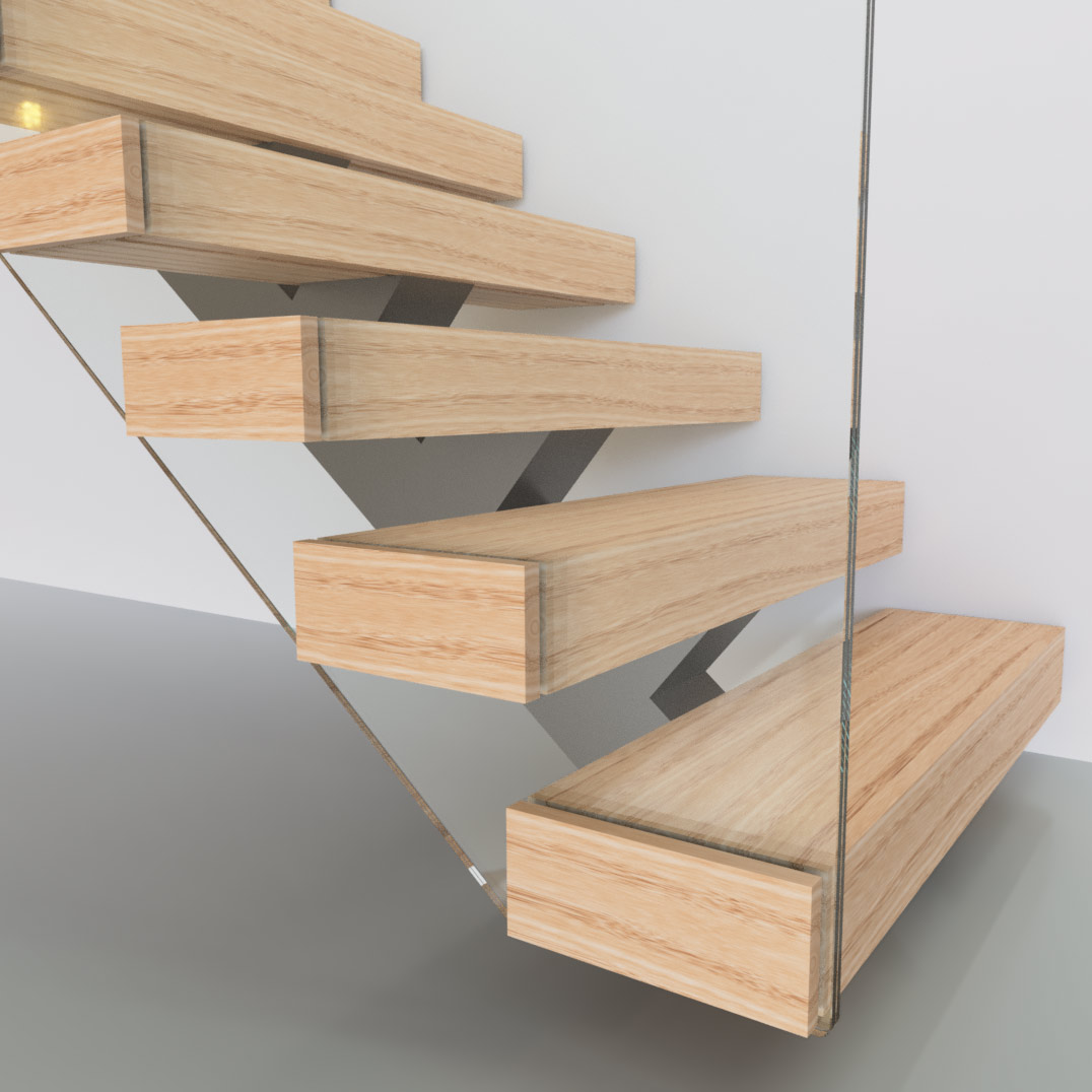 Centre spine staircase with oak treads on a single steel spine and glass balustrade