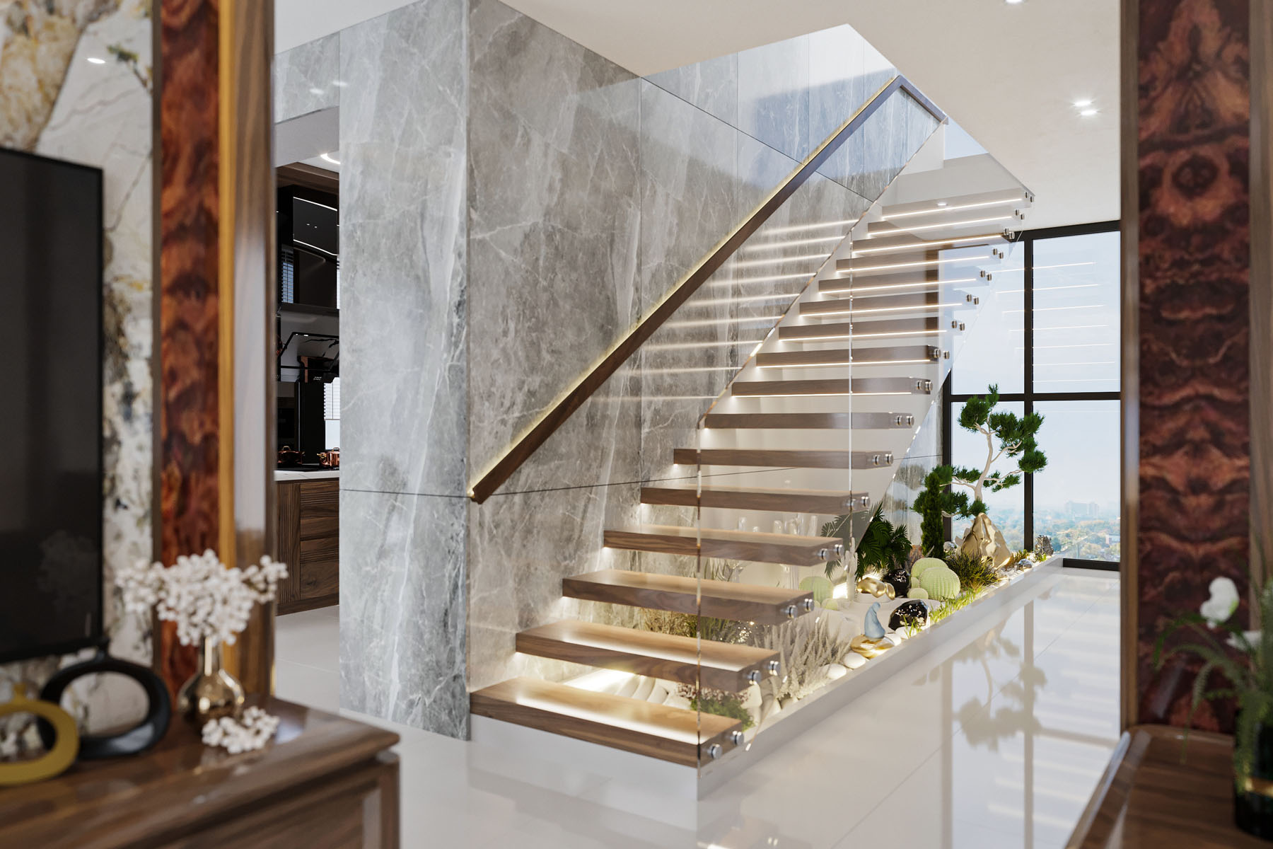 Floating timber staircase with lit treads and a glass balustrade against a marble wall
