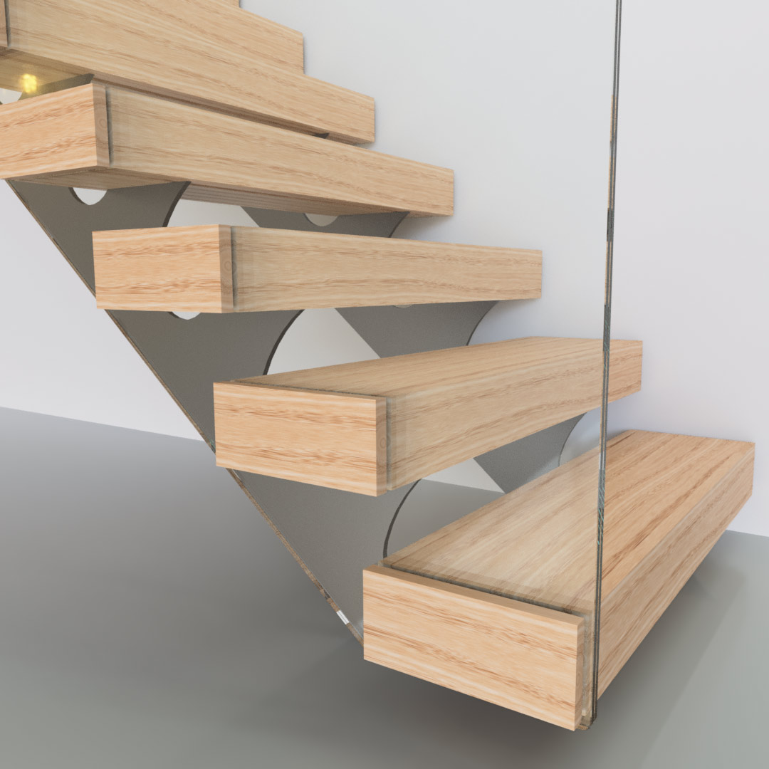 Inboard string staircase with oak treads extending past the steel strings