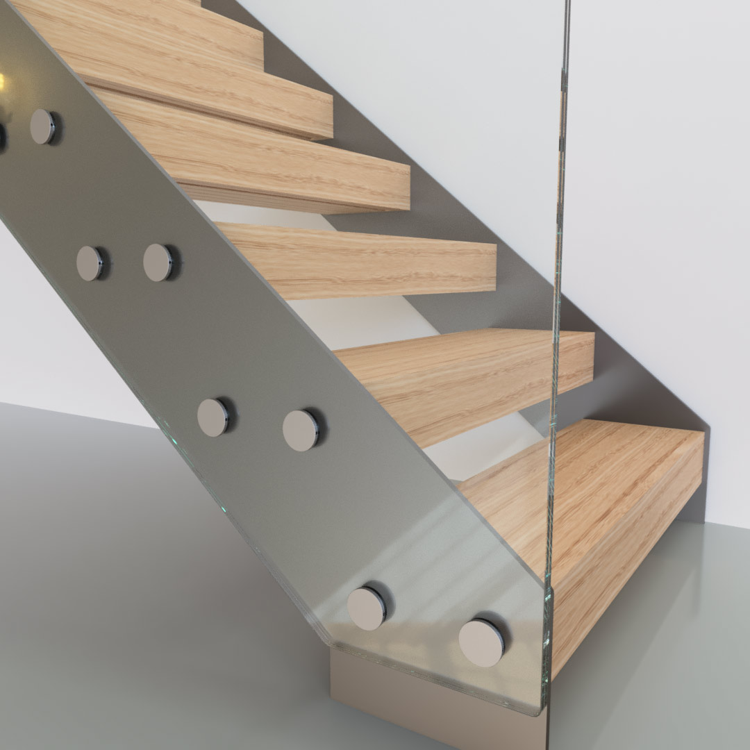 Straight string staircase with oak treads and glass fixed by stainless steel buttons