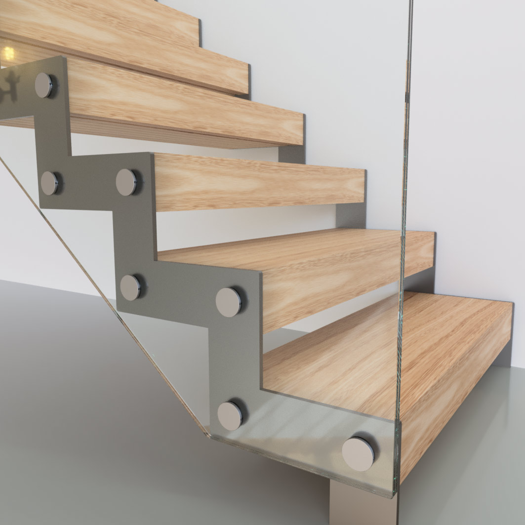 Zigzag staircase with a stepped steel string and glass fixed by stainless buttons