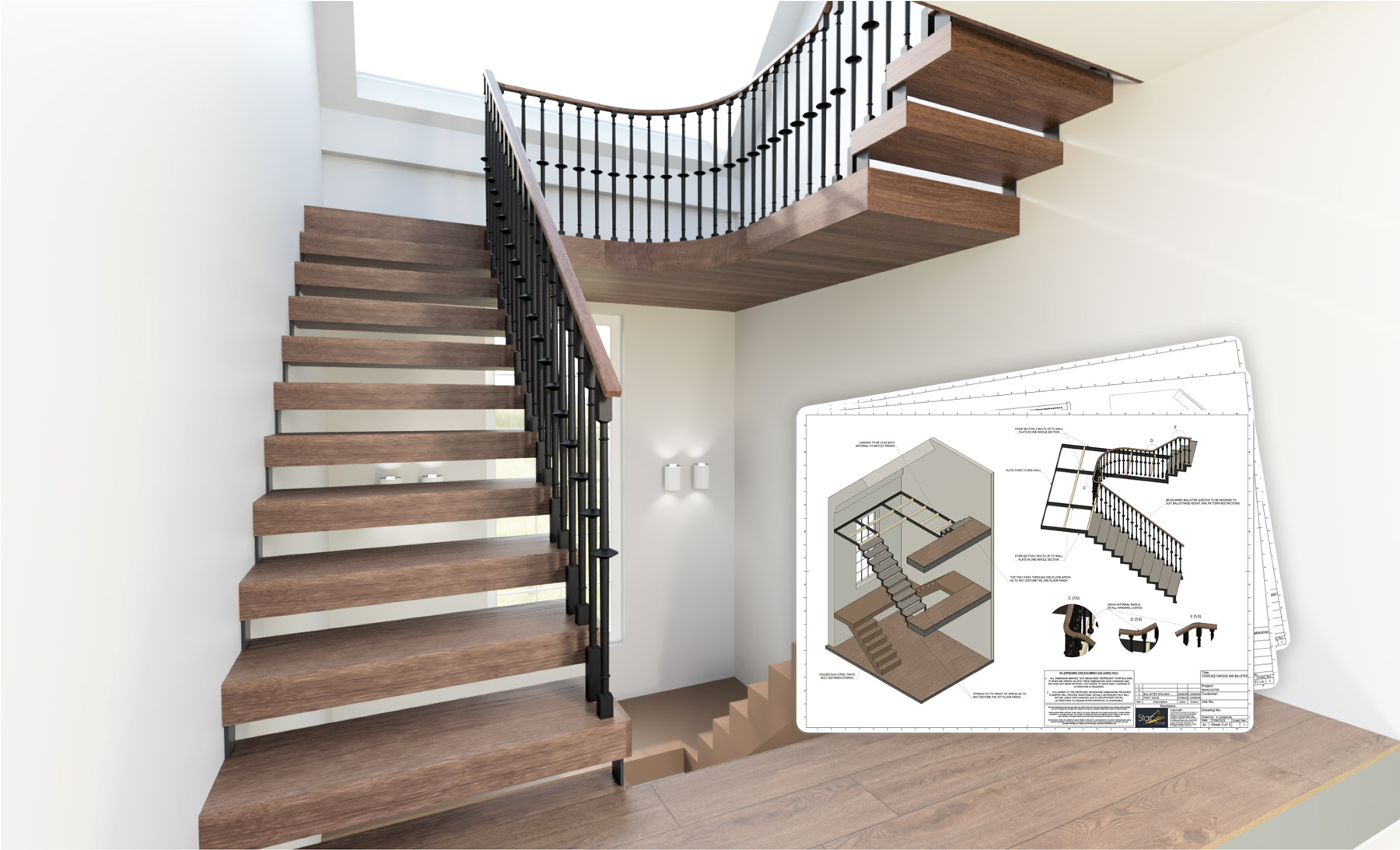 Dark oak staircase with a black spindle balustrade beside a set of Elevara fabrication drawings