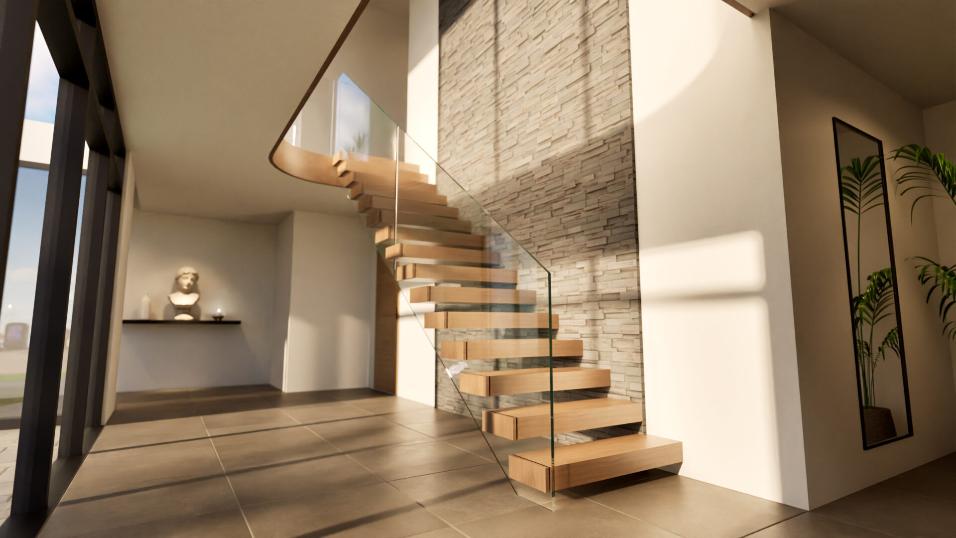 Curved floating oak staircase with a frameless glass balustrade in a bright double-height hallway