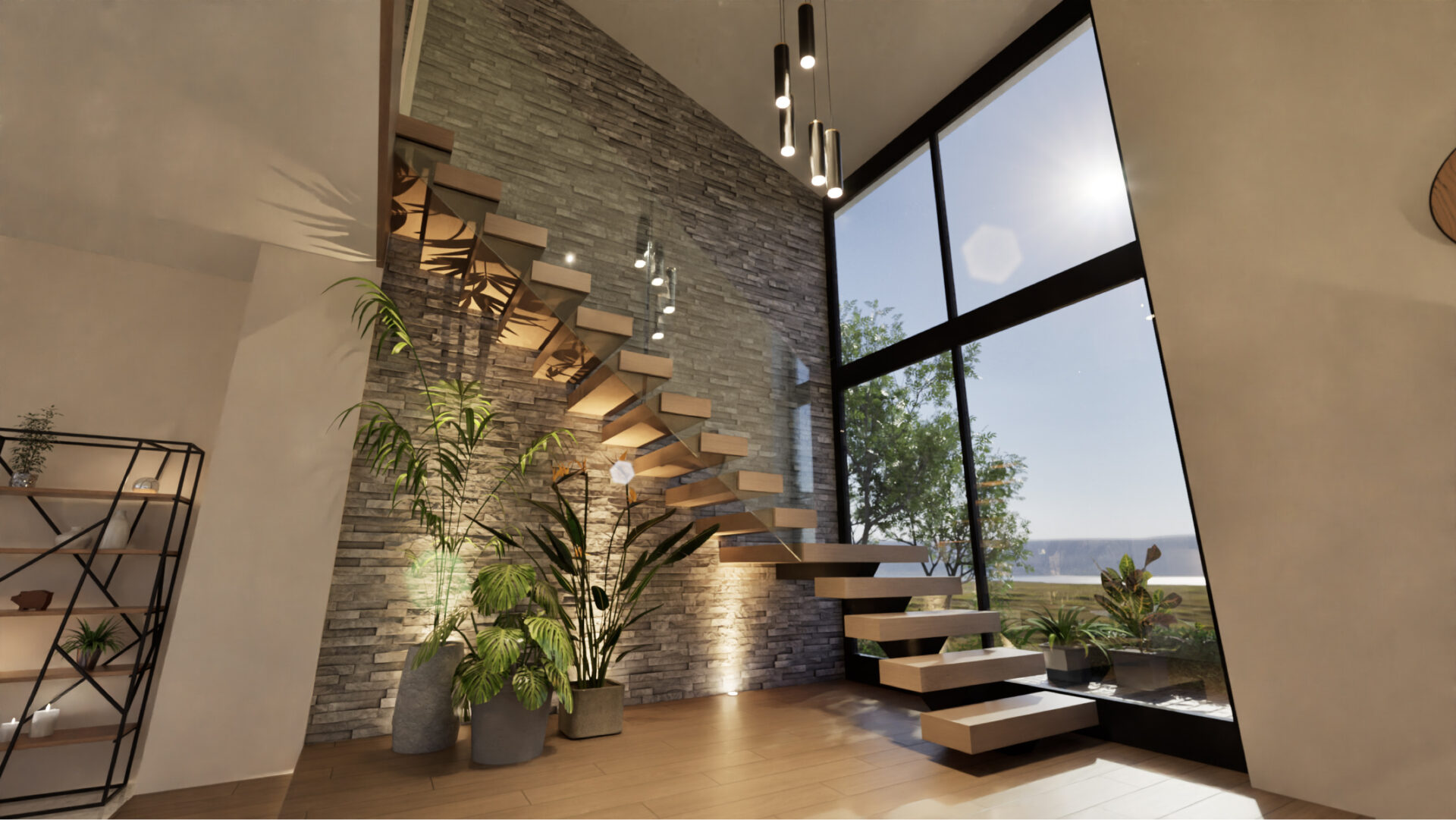Floating oak cantilever staircase against a stacked-stone feature wall beside a full-height window